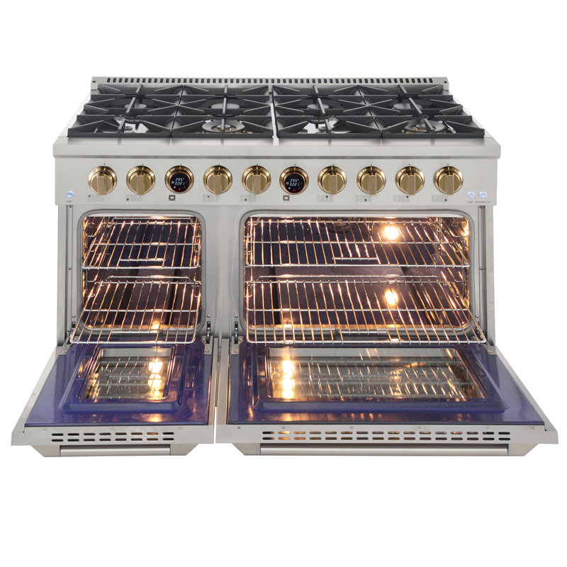 KUCHT 48 in. 6.7 cu. ft. 8 Burners Dual Fuel Range for Natural Gas in Stainless Steel with Gold Accents and Kucht Horus Thermostat