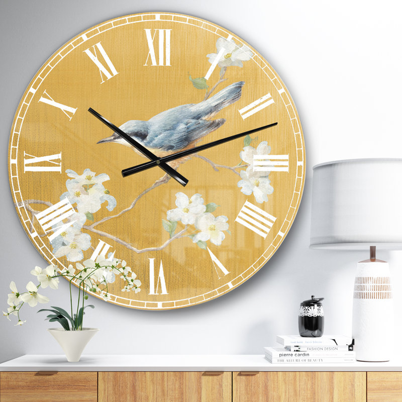 Gold Bird on Blossoms II - Traditional wall clock, Small