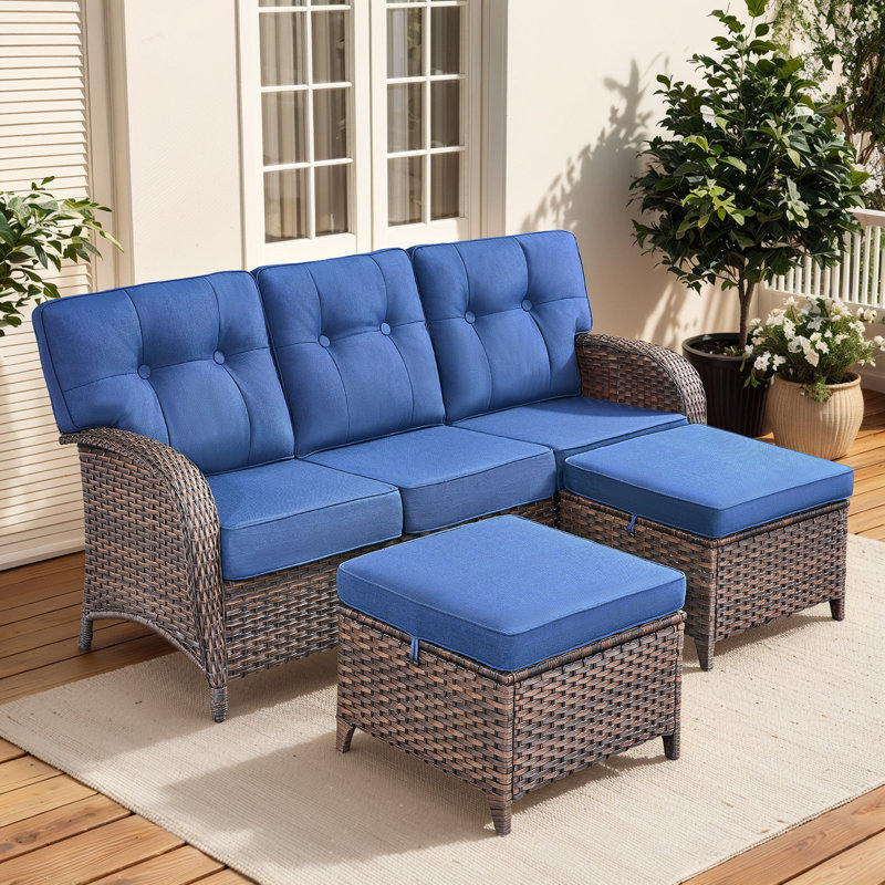 Harbor 3-Piece Outdoor Wicker Patio Furniture Set, 5" Thick Cushioned Rattan Sofa With Ottomans, Blue