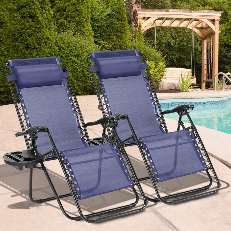 Zero Gravity Lawn Chairs Foldable Patio Recliner Lounge Outdoor Camp Chairs W/Pillow & Cup Holder, Blue