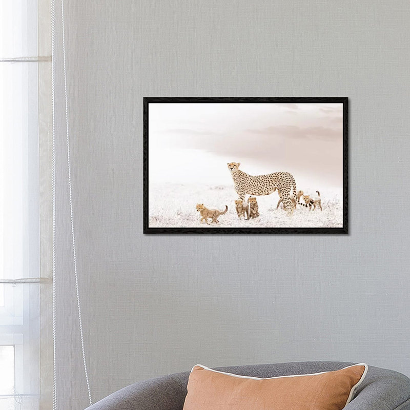White Cheetah & Cubs by Klaus Tiedge - Print on Canvas, 66.04 cm H x 45.72 cm W, Black Framed