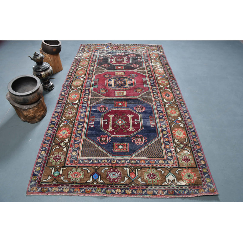 Tapis turc vintage fabriqué à la main avec un décor bohémien pour un plancher de salon de style antique bleu / rouge