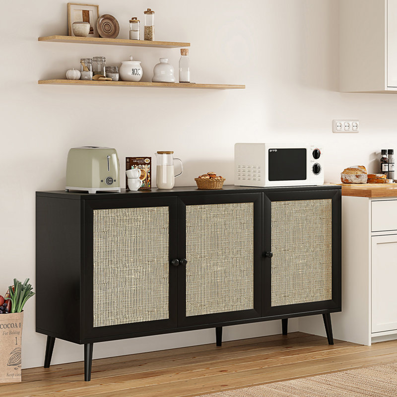 Sideboard Buffet Cabinet With 3 Rattan Doors, Modern Kitchen Storage Console Cabinet, Accent Cabinet, Black