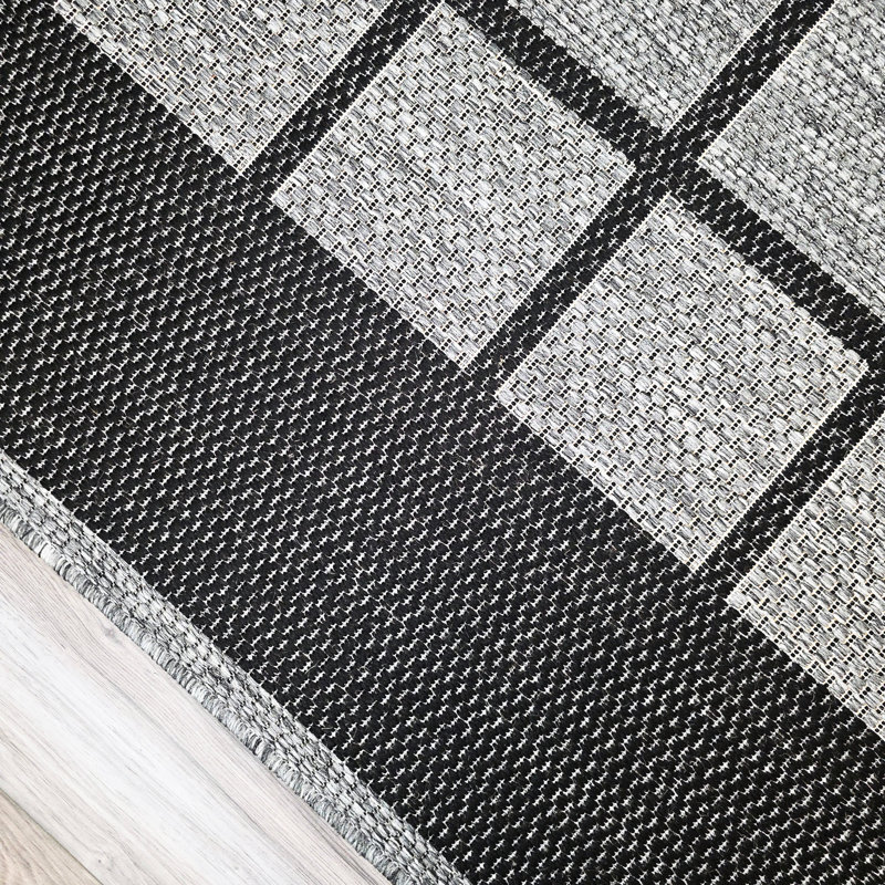 Gere Rug Non Slip Flat Weave Border Check Geometric Kitchen Living Room Carpet, Runner 60 x 180 cm, Black