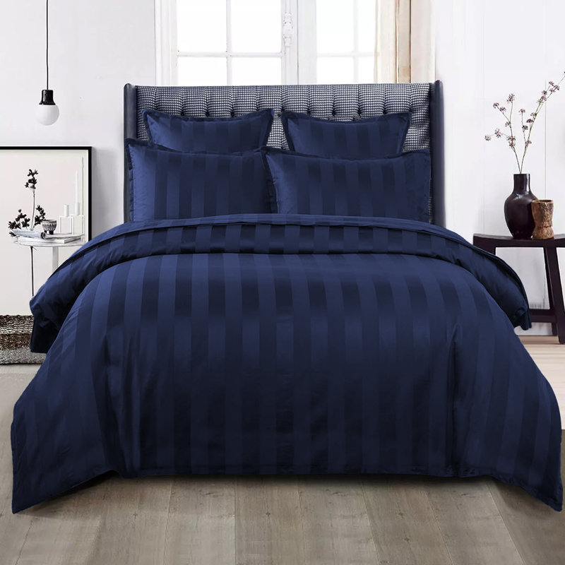 Renze Microfiber 250 TC Reversible Stripe Duvet Cover Set with Pillowcases, Single Duvet Cover + 1 Standard  Pillowcase, Navy