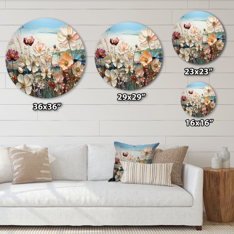 «White Morning Glory Flower Field - Floral», art mural rond en métal, H 23 po x l 23 po