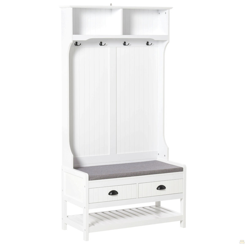 3-in-1 Hall Tree, Entryway Bench with Coat Rack, Mudroom Bench with Shoe Rack, 2 Storage Drawers, 4 Hooks and Padded Seat Cushions for Hallway, White