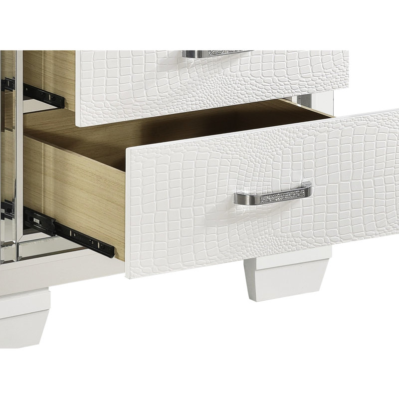 Table de chevet glamour blanche, faux alligator, 2 tiroirs et table de chevet blanche coulissante sans soudure, avec fonction de rétroéclairage des surfaces
