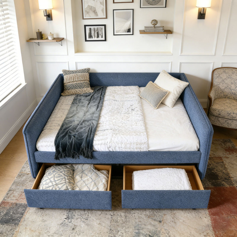 Boucle Fabric Daybed, Queen, Blue-2 Drawers