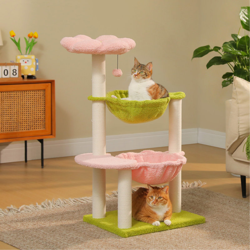 Tour pour chat 37,4 "avec hamacs et poteaux à griffer - bois FSC, conception compacte, Pink+Green