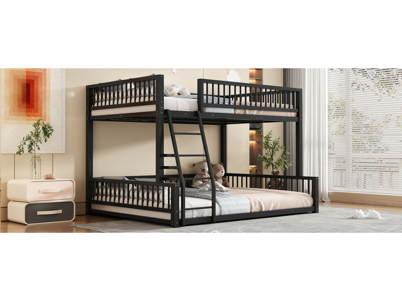 Full XL Over Queen Floor Bunk Bed Frame With Ladder And Safety Guardrails, Easy Assemble, Black
