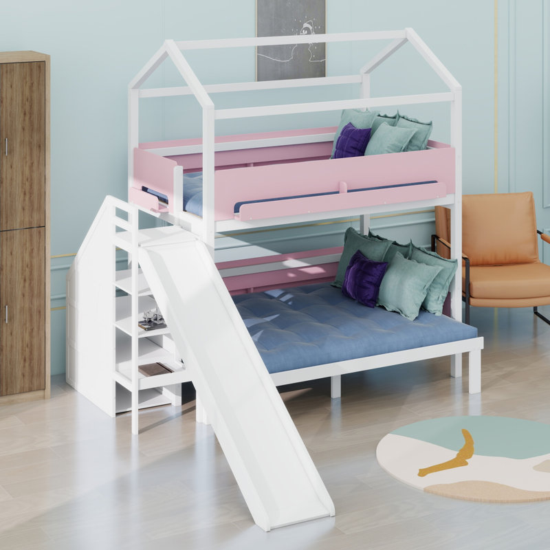 Lit superposé en forme de maison avec glissière et escalier de rangement, Blanc + rose