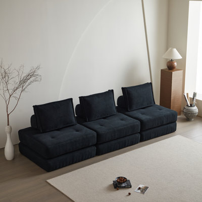 3 - Piece Modular Convertible Sofa with Fold-Out Floor Pad Armless , Corduroy Upholstery – Rearrangeable Sectional Lounge