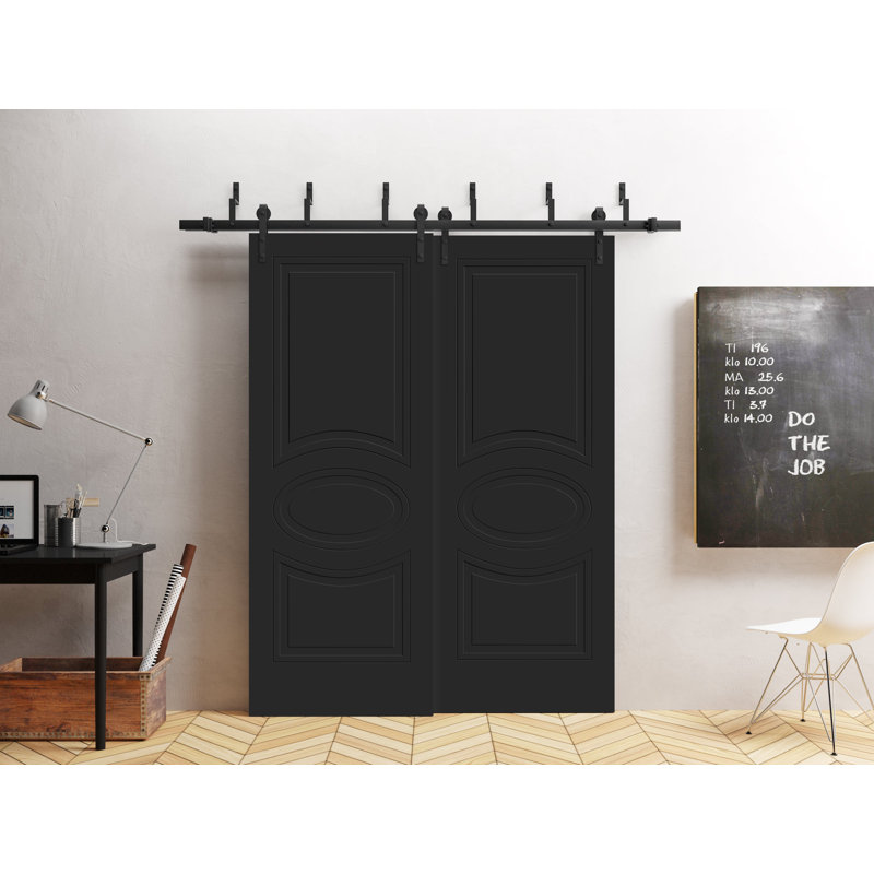 Portes coulissantes de style grange pour placard, 72 x 80 pouces, Mela 7001, peintes en noir, rails modernes de 6,6 pi, quincaillerie, bois massif, portes de placard de chambre à coucher