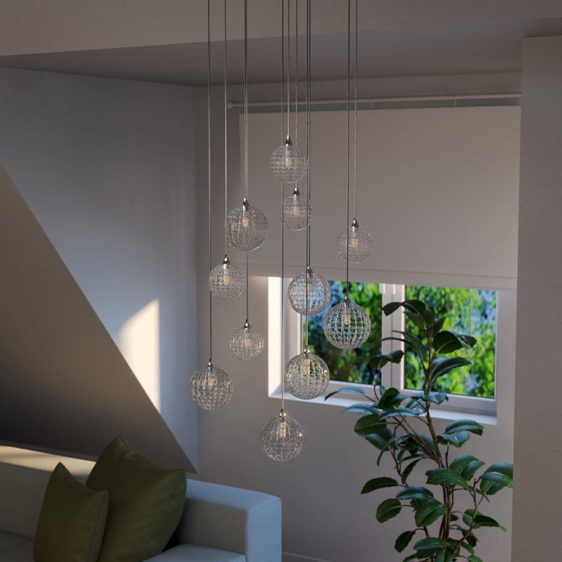 Breeze 11 Clear Glass Pendants Chandelier, Brass, 84"