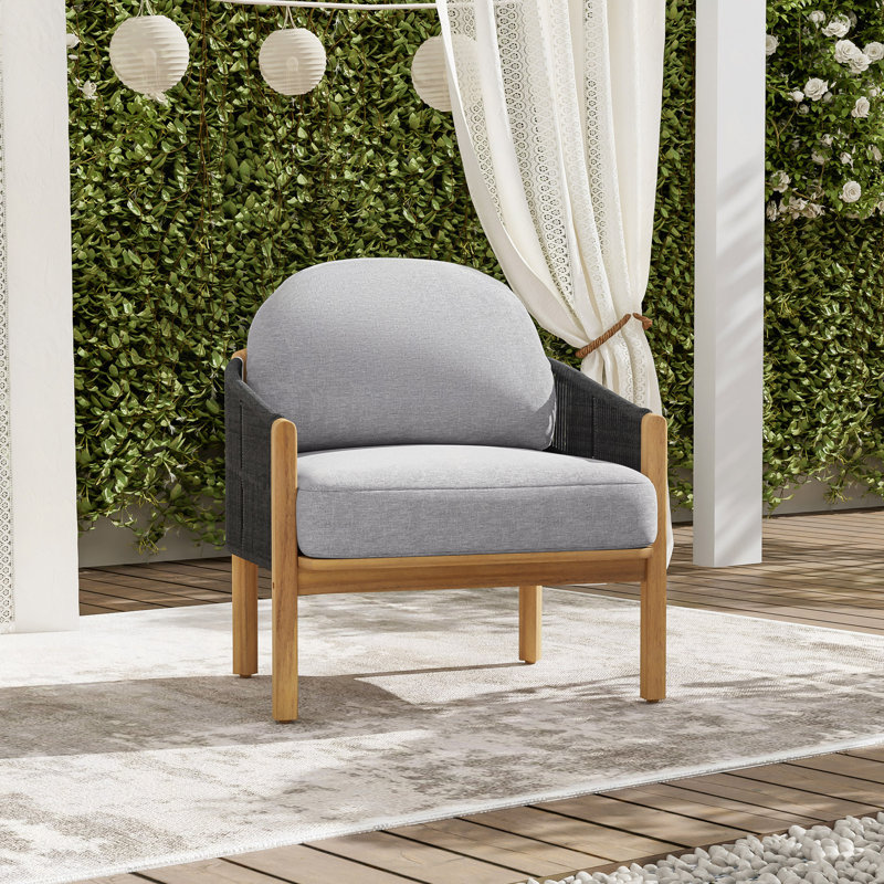 Fauteuil club d'extérieur en bois avec coussin, Coussin gris/cadre noir