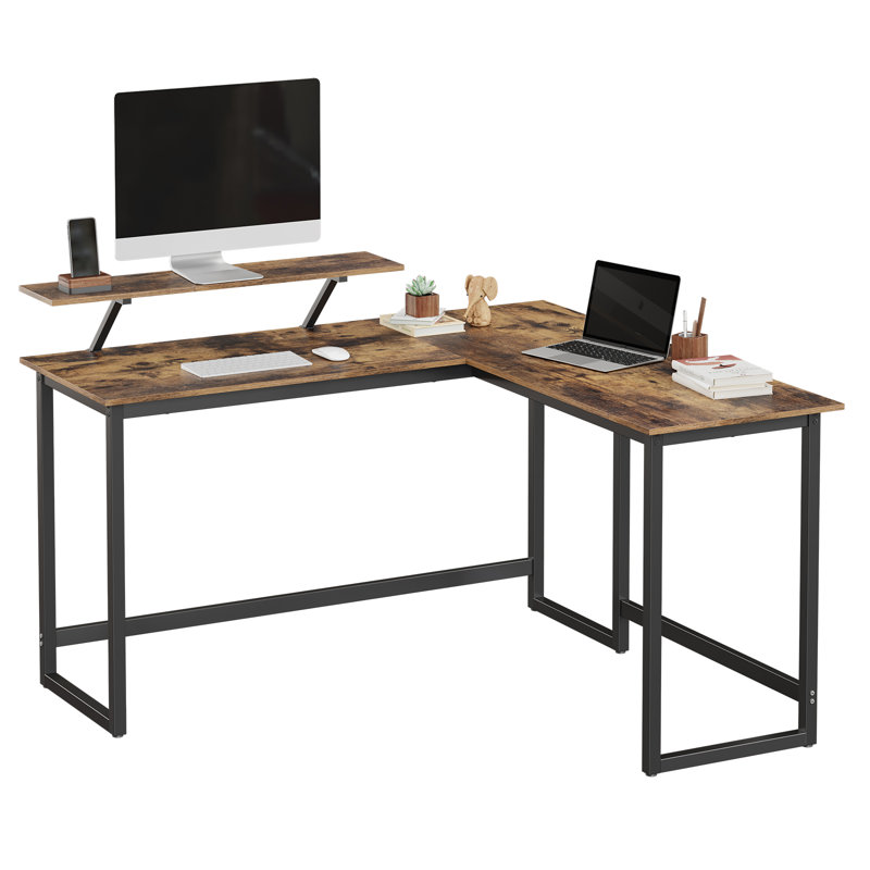 Evelin L-Shaped Metal Base Writing Desk, Rustic Brown