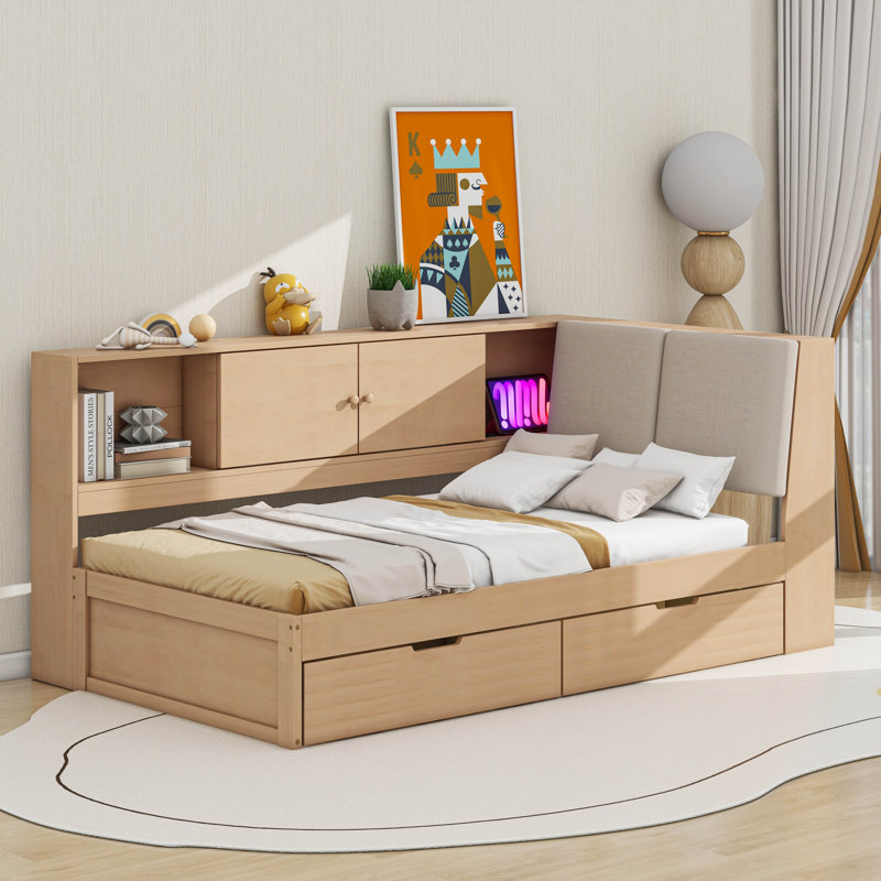  Lit plateforme Heera avec tablettes de rangement en L et 2 tiroirs, Naturel, Simple