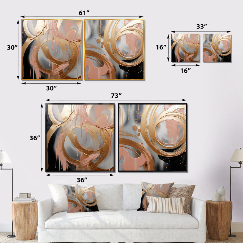 Abstrait, or et rose, encre liquide, cercles IV - formes abstraites, ensemble de 2 reproductions d'art mural, Toile tendue