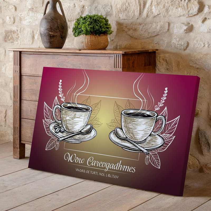 Toile, une illustration sur le thème du café chaleureux et invitant mettant en vedette deux tasses distinctes, une avec une soucoupe et une cuillère et une toile