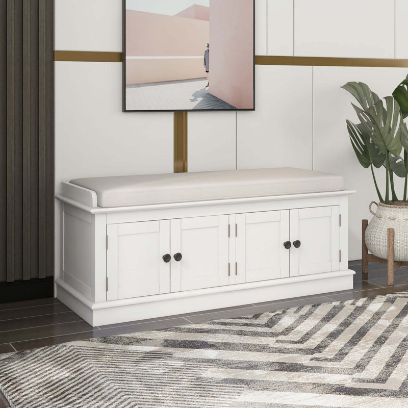 Upholstered Wooden Storage Ottoman Bench With 2 Drawers For Bedroom,Padded Seat, White