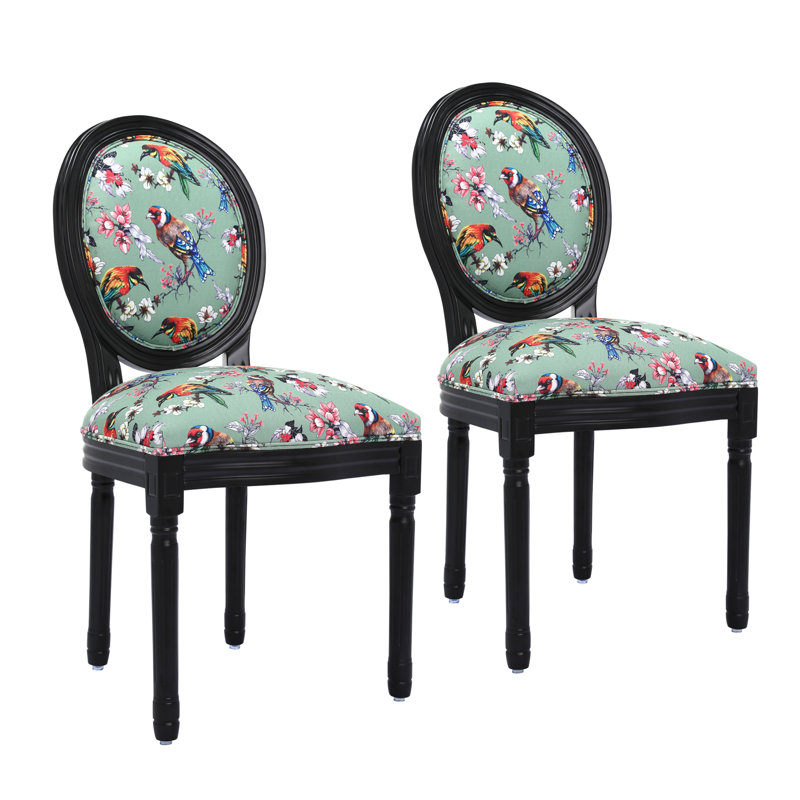 Macaulay 51cm H Linen Upholstered Side Chair, Green Bird and Flower, Black