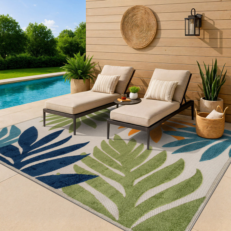 Tapis ivoire / multicolore intérieur / extérieur Palm, Multi, Rectangulaire 7 pi 10 po x 10 pi