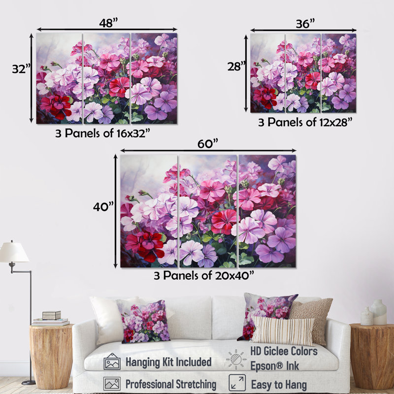 «Pink Geraniums Still Life Bloom», ensemble de reproductions d'art mural, H 32 po x l 48 po x P 1 po