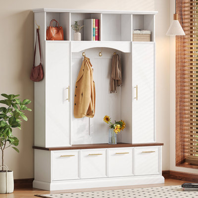 Élégant portemanteau 4-en-1 avec crochets et poignées dorés, banc pratique en noyer pour entrée avec tablettes réglables, portemanteau et porte-chaussures style campagne en bois de H 76,7 po (blanc) (ANCIEN SKU: N721S000050K)