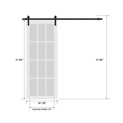 Porte coulissante de style grange avec quincaillerie Lucia 2555 Blanc Soie avec vitrage clair, rail de 2 m (6,6 pi), robuste, panneaux intérieurs en bois massif, 91,4 cm x 203,2 cm (36 po x 80 po), vitrage transparent, rail argenté