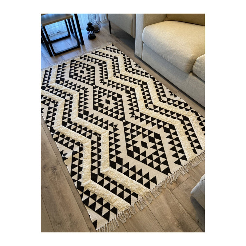 Kilim rustique noir blanc scandinave de style bohème lavable à la machine, Sous-tapis rectangulaire 3 pi 11 po x 5 pi 11 po i