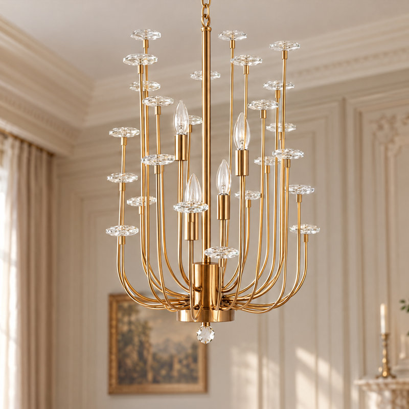 Lustre en laiton antique et cristal à 4 lumières de 45,7 cm (18 po)