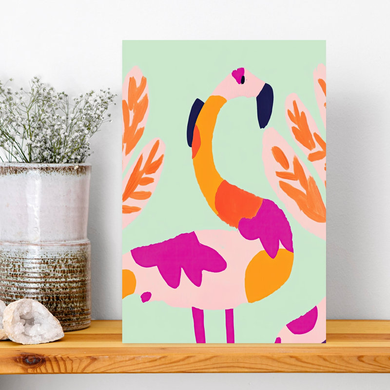 Vibrant Flamingo Leaves Abstract Colorful Playful Bird Flamingo Nature Plant Wall Art Print 1 Piece Wrapped Canvas Wall Art