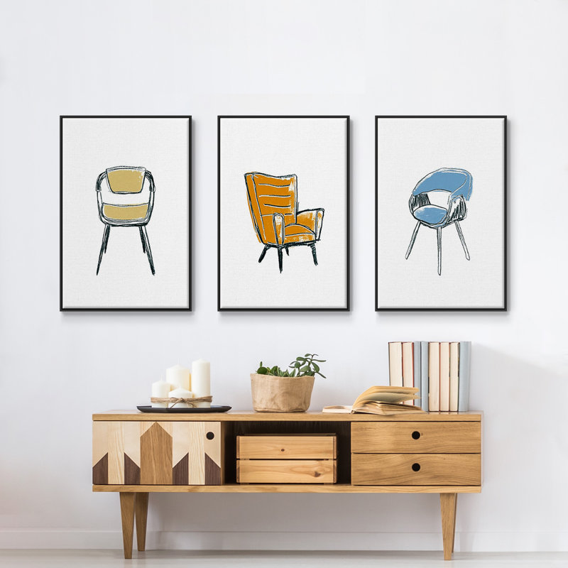 «Take a siège I», ensemble de 3 reproductions encadrées sur toile, H 27 po x l 54 po x P 2 po, Cadre noir