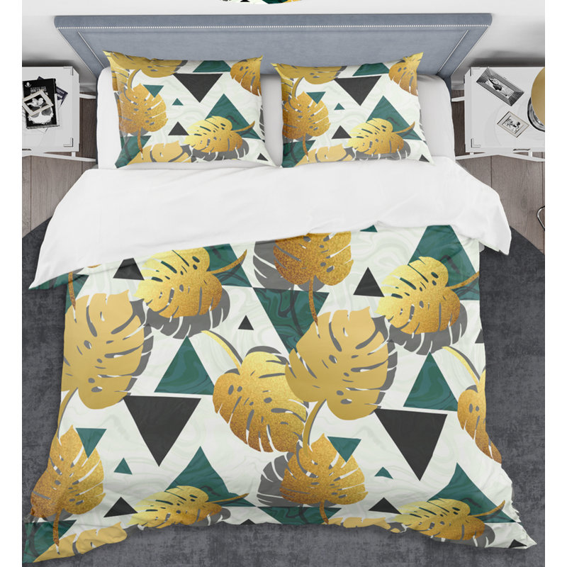 Ensemble de housse de couette mid-century feuillage v, Housse de couette très grand + 2 taies décoratives