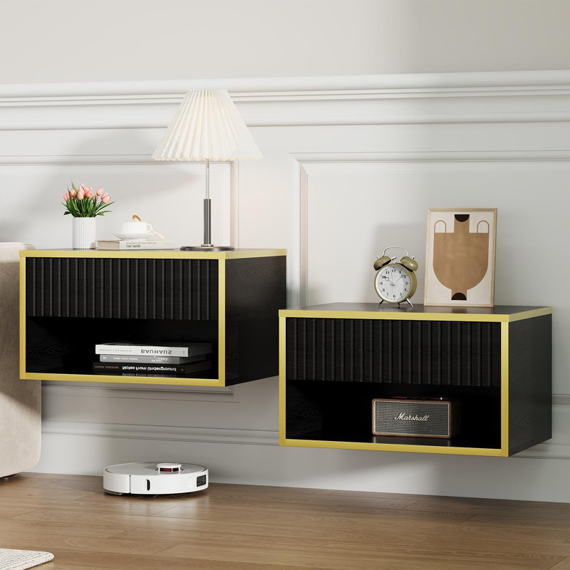Ensemble de chambre à coucher 3 pièces Smart Bed en cuir avec 2 tables de chevet flottantes à DEL, Noir, Lit simple