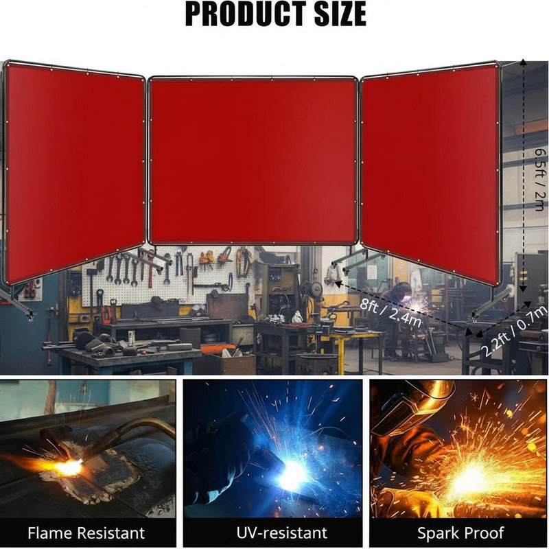 Flame-Resistant 3-Panel Welding Screen with Frame – Transparent PVC Curtain, Steel Frame, Lockable Swivel Casters, Portable Welding Protection for Workshop, Garage