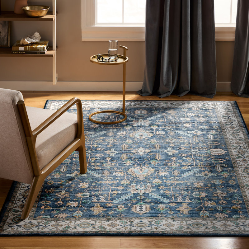 EVERWASH Haven Distressed Border Machine Washable Area Rug with AirFlo Technology, Blue, 5'x7', Blue, 5 x 7