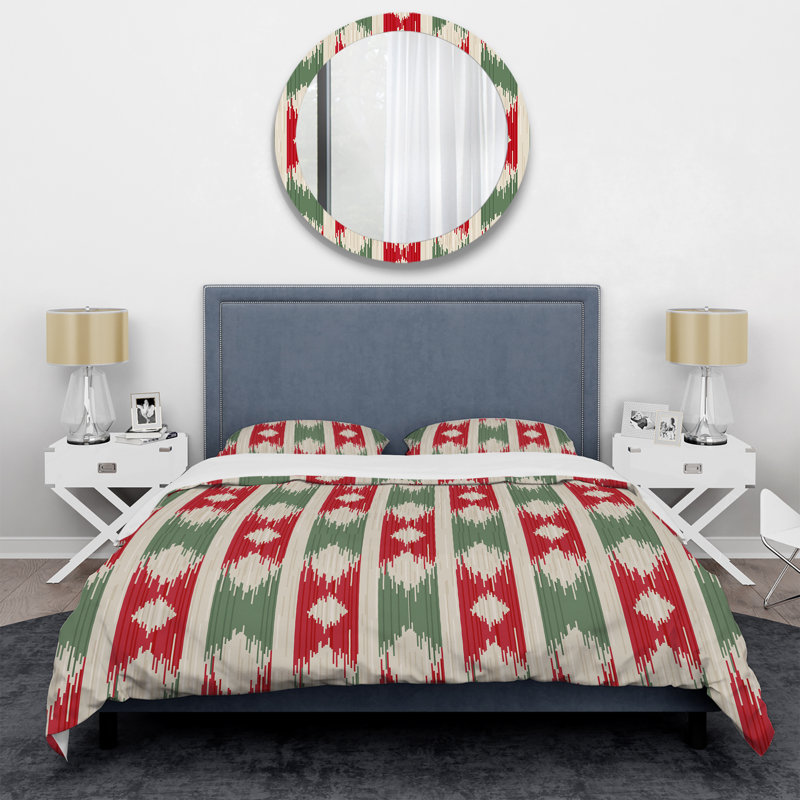 Ensemble de housse de couette à motif ikat Ogee vert et rouge, Housse de couette pour très grand lit et 2 très