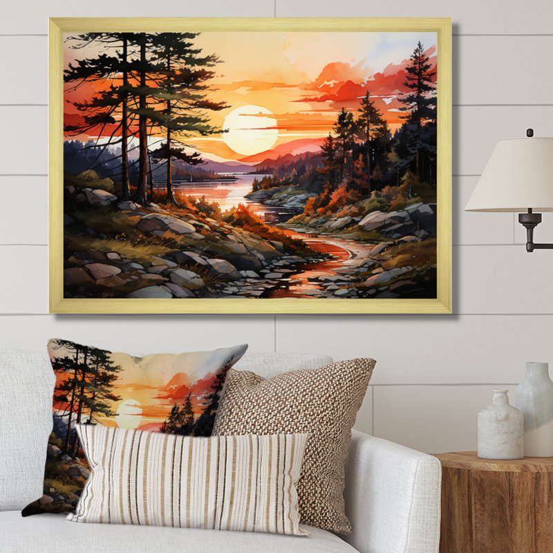 Pine Tree Golden Glow - reproduction sur toile, H 24 po x l 32 po x P 1 po, Encadrement doré