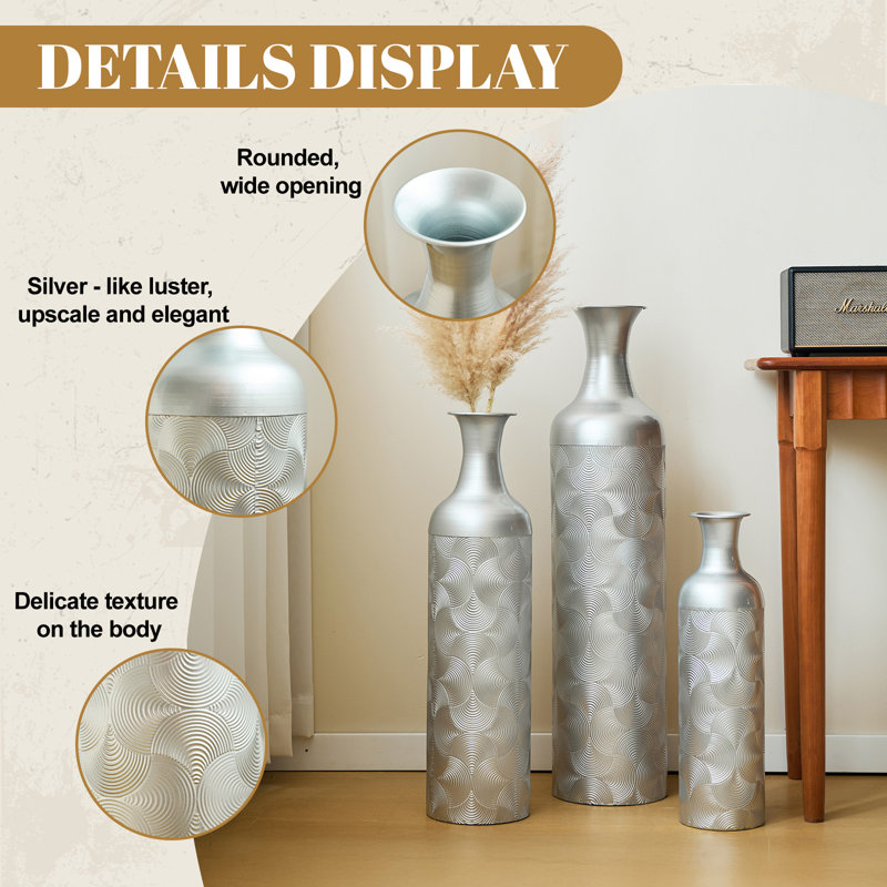 Floor Glam Metal Vases - Glazed Silver Finish - Set Of 3 Large Metal Decorative Vases