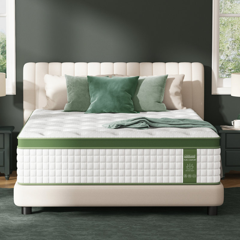  Matelas hybride 12 po, mousse viscoélastique imprégnée de gel rafraîchissant et lit à ressorts ensachés pour soulager la pression, blanc et vert