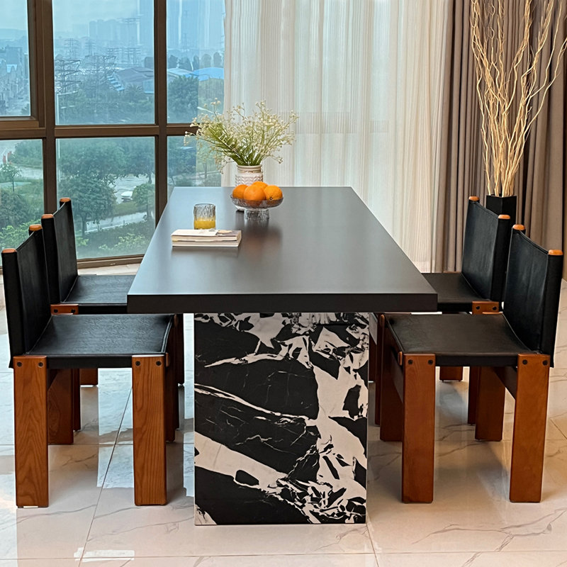 Table de salle à manger rectangulaire noire en bois massif et en pierre frittée, H 29,53 po x L 78,74 po x l 31,5 po