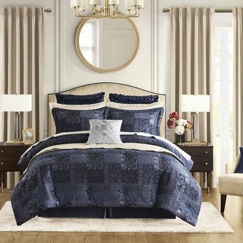 Couette King 4 pièces bleu marine - Chenille à couches contrastées, cordon décoratif sur les taies d'oreiller, finitions améliorées 2022, rembourrage 100 %