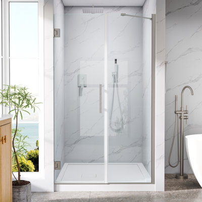 Porte de douche sans cadre à charnières, 107-109 cm (L) x 183 cm (H), avec paroi de douche fixe en verre trempé transparent SGCC de 9,5 mm, finition nickel brossé
