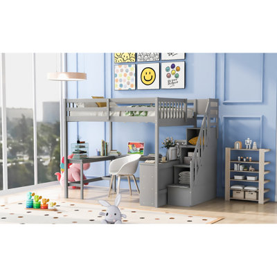 Loft Bed With Built-In L-Shaped Desk And Three-Tier Storage Shelves,And Attached Storage Staircase, Gxaae
