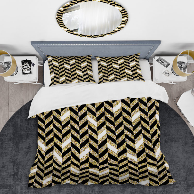 Ensemble de housse de couette en microfibre doré / noir 3 pièces, Housse de couette pour grand lit et 2 taies décor