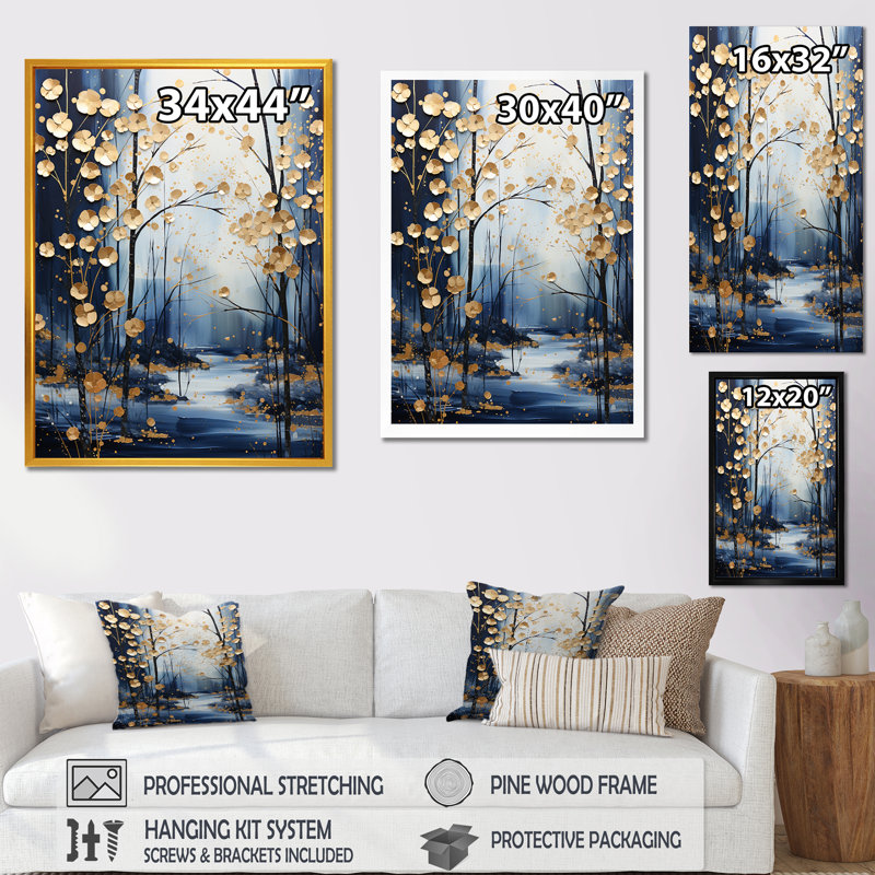 Or et érable bleu forêt d'hiver II - arbre érable, art mural, H 44 po x l 34 po x P 1,5 po, Cadre simple noir