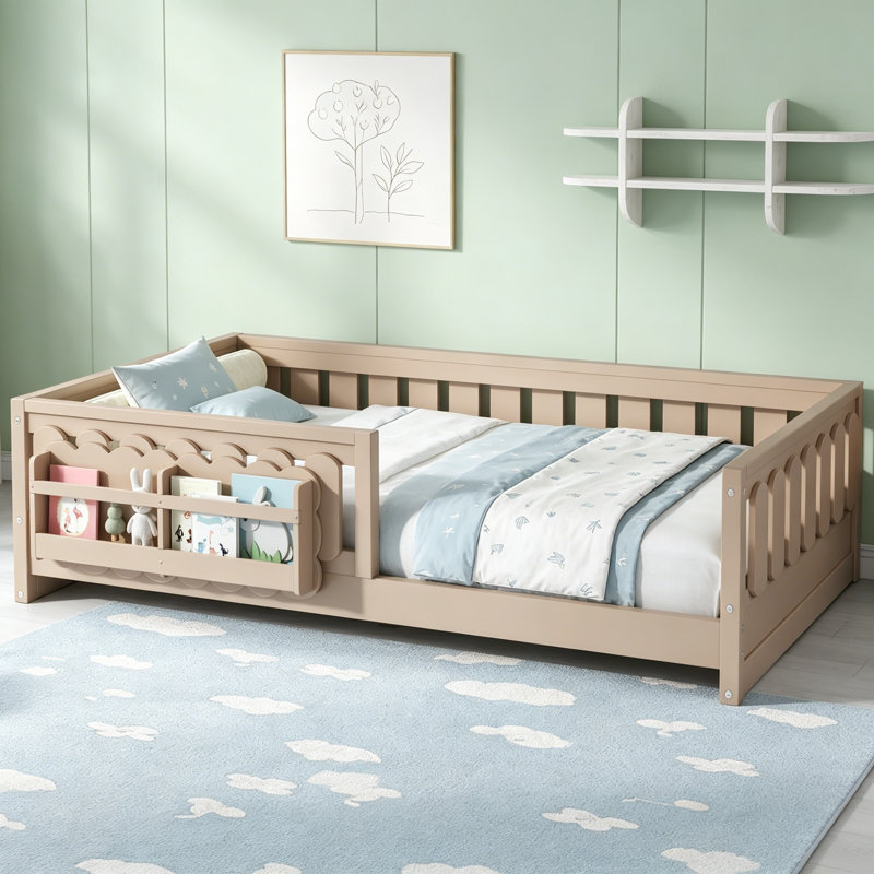 Lit plateforme simple en bois avec garde-corps, tablettes de rangement et assemblage facile, finition naturelle