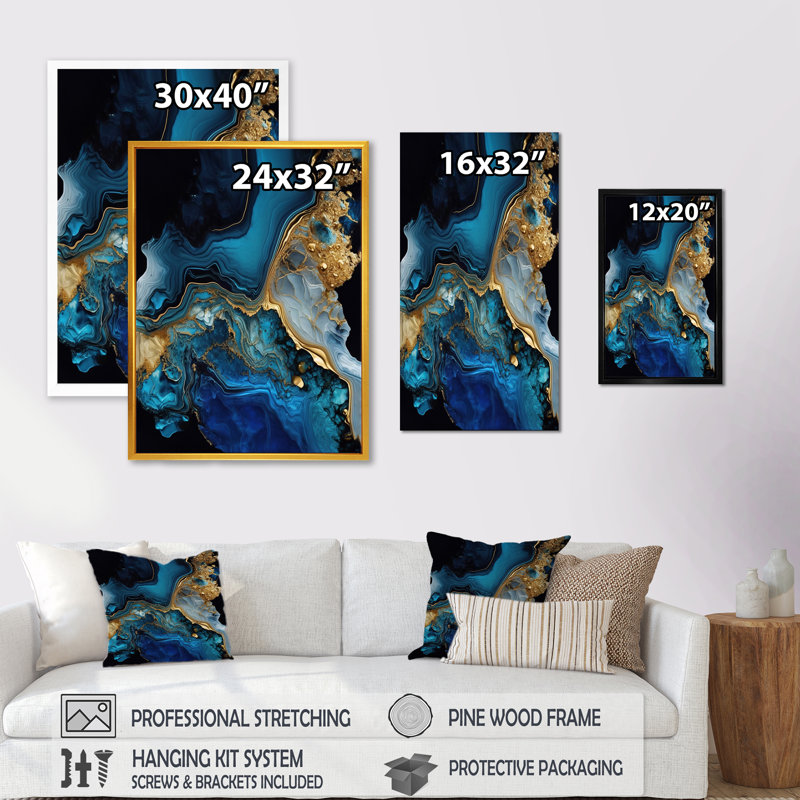 Géode abstraite or et marbre bleu IV - art mural abstrait en marbre, H 40 po x l 30 po, Toile avec cadre flottant, Doré